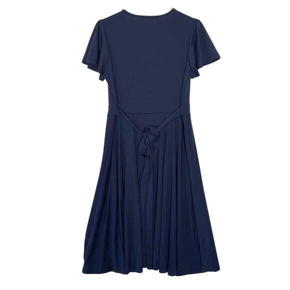 Nemidor Faux Wrap a-line Jersey Dress Swingy Drapey Knee Length Navy Size 14 - Picture 4 of 7
